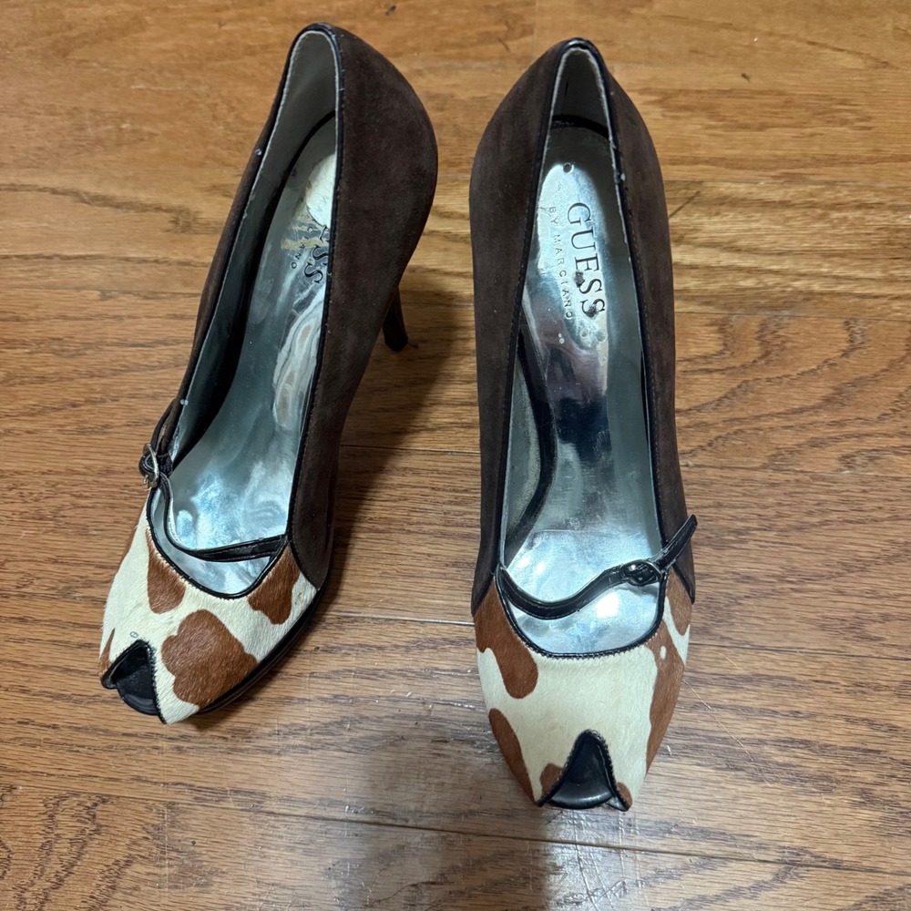Guess Womens Size‎ 7 Brown Cow Hair Suede Peep Toe Stiletto Heel Pumps ShoeS